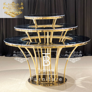 Đồ Trang Trí Đám Cưới Mặt Kính Cho Thuê Bàn Bánh Cưới Bằng Thép Không Gỉ Màu Vàng Kim - Product Image 1