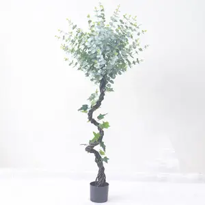 Vente en gros de feuilles de soie en faux dollar en argent faites à la main, plantes vertes pour la décoration intérieure, arbre d'eucalyptus artificiel en plastique