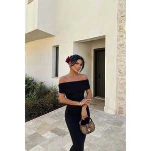 Robe de bal longue Brunella noire, taille empire, manches courtes, style simple, polyester, taille XL, pour le bal de promo - Product Image 3