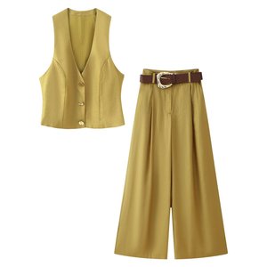 Pantalones de Moda Europea y Americana para Mujer 2026, Corte Regular, Pierna Ancha, Transpirables, Decoración Vintage con Cinturón, Otoño - Product Image 4