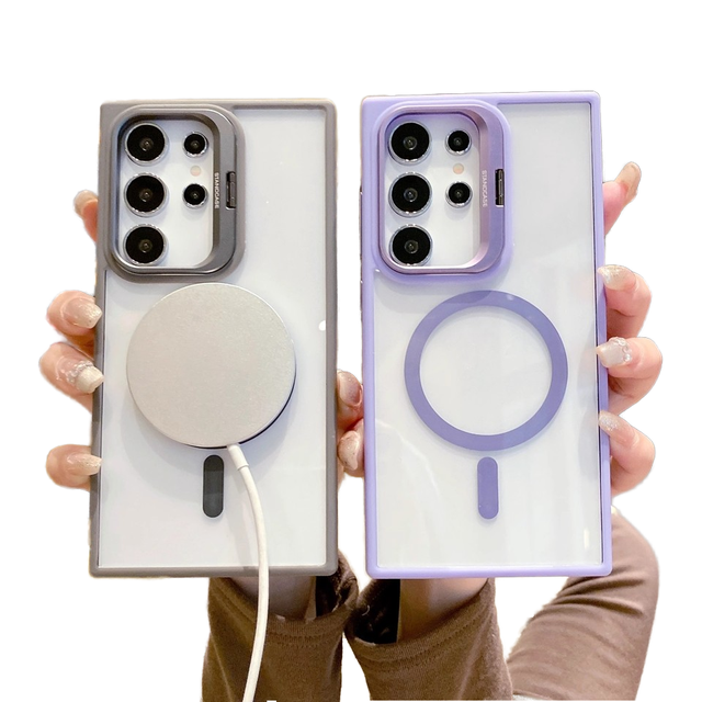 Luxury Magnetic Phone Case with Metal Flip Camera Stand Clear TPU Bumper Shockproof Anti Drop Wireless Charging Mobile Cover