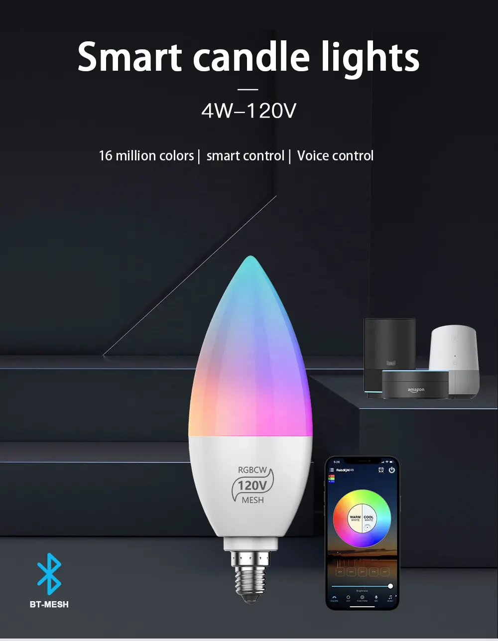 Voice Control 320LM LED Candle Light Lamp Wifi Smart LED Bulb RGB+2700-6000K E12 Indoor Lamp