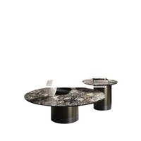 Juego de Mesas de Centro Redondas de Lujo, Mármol Oscuro Galaxy, Base Cilíndrica de Piedra Sinterizada Color Gris Metálico, Personalizable para Sala de Estar