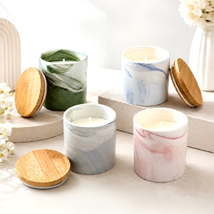 LANJO Marble Pattern Ceramic Scented Soy Candle with Wooden Lid Aromatherapy Home Decor Minimalist Style 20-40 Hours Burn Time - Product Image 1
