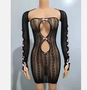 Con fiocco traforato <span class=keywords><strong>abito</strong></span> <span class=keywords><strong>nero</strong></span> Sexy Night Club abiti scialle manica lunga <span class=keywords><strong>in</strong></span> Mesh Mini <span class=keywords><strong>abito</strong></span> per le donne - Product Image 3