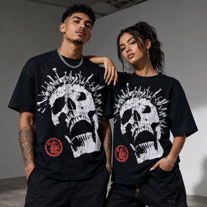 T-shirt unisexe oversize en jersey 100% coton, motif crâne, manches courtes, style streetwear hip-hop, col rond tricoté, bordure contrastée - Product Image 1