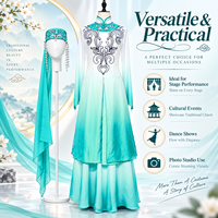 Costume de danse folklorique ethnique moderne professionnel, robe de scène bleu-vert dégradé avec broderie et ensemble de manches transparentes
