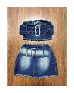 Ensemble crop top en jean sans bretelles et mini-jupe avec ceinture à boucle et ourlet à franges, <span class=keywords><strong>tenue</strong></span> en jean 2 pièces - Product Image 5