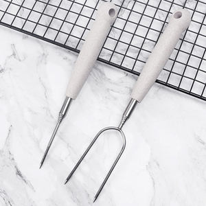 Fourchette de barbecue télescopique en acier inoxydable avec manche en <span class=keywords><strong>paille</strong></span> de blé en forme de U, accessoire de barbecue portable pour l'extérieur - Product Image 6