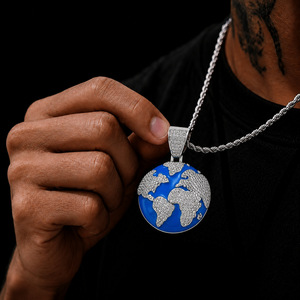 Collier pendentif globe terrestre en laiton émaillé bleu avec zircon cubique pour homme, style hip-hop, bijoux masculins, chaîne de mode - Product Image 4