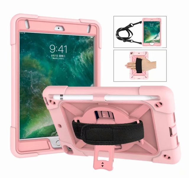 Smart kids silicone shoulder belt rotating fold stand hand strap tablet cover For iPad Mini 4/5 7.9 Inch tablet case