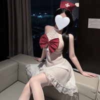 Uniforme de Enfermera Sexy para Mujer, Lencería de Juego de Roles, Disfraz de Teddy, Vestido Mini de Encaje con Lazo Grande, Ropa de Dormir
