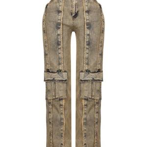 Jean cargo droit décontracté pour femme, style streetwear vintage, coupe ample, avec fermeture éclair et poches, en denim délavé – Nouvelle collection très prisée - Product Image 3