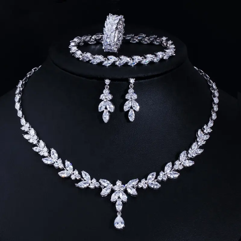 Korean minimalist wedding jewelry sets 4pc luxury leaf CZ zircon bridal stud earrings band ring pendant choker necklace set