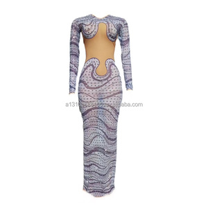 Tinta y lavado ajustado Sexy malla agua diamante patrón vestido fiesta de cumpleaños club nocturno Bar ropa de actuación - Product Image 1