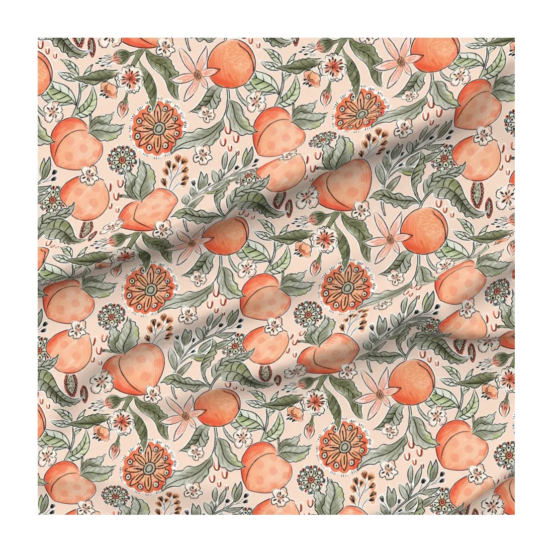 Mandala Peaches Printed on Chiffon Fabric for Dresses Justpeachy3 Blossoms Fruit Peach Summer Woven 100% Polyester Plain 1 Meter