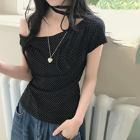 T-shirt asymétrique à pois pour femme, col noué sur le devant, manches courtes, mignon et décontracté, idéal pour l'été et les étudiantes