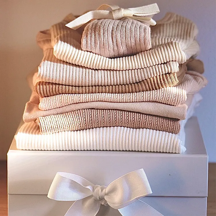 Conjunto de roupas infantis de luxo, cor sólida, estriadas, de algodão orgânico, modal, roupas para bebês, meninas