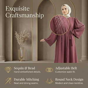 Abaya Musulmana con Pedrería para Mujer, con Cinturón y Mangas Anchas, Marca Privada - Product Image 2