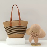 Ensemble Sac de Plage et Chapeau Tendance Nouvelle Mode – Sac Seau en Paille à Bandoulière avec Fermeture Éclair pour Femme – Sacs de Voyage et de Plage