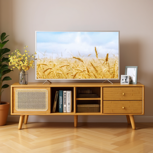 Support TV en bambou pour téléviseurs de 65 pouces et plus, meuble de salon moderne de style mid-century, support au sol réglable en bois - Product Image 2