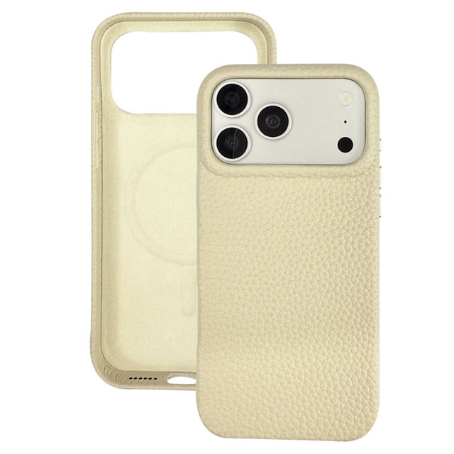 Bright Beige Litchi Texture Magnetic Genuine Leather Shockproof Full Protection Phone Case for iPhone 15 16 17 Pro Max