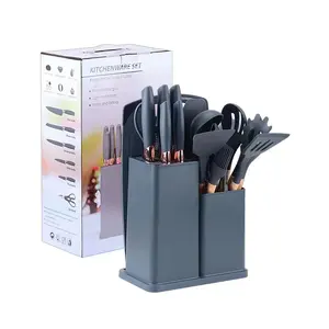 New Product Colorful Cookware Kitchen Utensils 19 Pcs Silicone with Wooden Handle Holder Cooking Tools