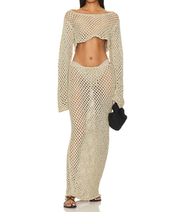 Conjunto de dos piezas de ganchillo Sexy de verano <span class=keywords><strong>Crop</strong></span> Top y falda Knit Beachwear Cover up - Product Image 3