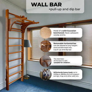 Thụy Điển thang tường gian hàng thanh cho trẻ em và người lớn, rắn sồi gỗ leo tường với có thể tháo rời pull-<span class=keywords><strong>up</strong></span> bar, dip Bar - Product Image 4