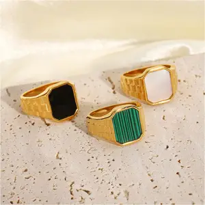 Baja Tahan Karat 18K Berlapis Emas Ibu dari Cangkang Mutiara Malachite Hijau Tali Jam Enamel Cincin Signet Persegi Cincin Chunky