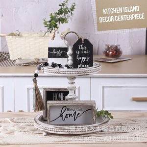 Bandeja de madera de doble capa, redonda, blanca envejecida, estilo moderno rústico, para decoración y almacenamiento en la isla de la cocina. - Product Image 1