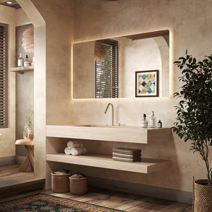 Meuble de salle de bain mural moderne personnalisé avec double vasque en pierre résistante à l'eau, facile à nettoyer et durable - Product Image 2