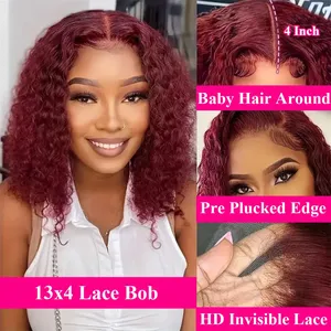วิกผมบ๊อบสีแดงเบอร์กันดี รุ่น Water Deep Wave Bob 99J  วิกผมหน้าผากลูกไม้ 13x4  ผมแท้ 100% วิกผมบ๊อบสั้นแบบหยิก วิกผมพม่า ความหนาแน่น 200 - Product Image 3