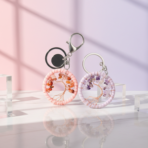 Wholesale Crystal Tree of Life Key Chain Healing Crystal Stone Chips Crystal Metal Carabiner Key Chain Mascot for Decor Gift