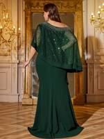 Robe de soirée pour femme, asymétrique à une épaule, manches cape, faite à la main, avec des paillettes brillantes, coupe ajustée, traîne longue