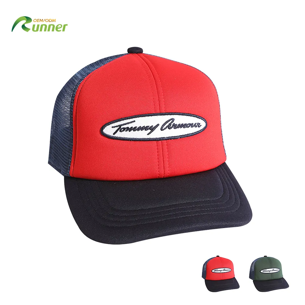 Runner Hot Sell Personalizado Logotipo Bordado OEM BSCI Malha Voltar Esportes Red Patch Fit Cap Flat Brim Trucker Chapéus Gorras