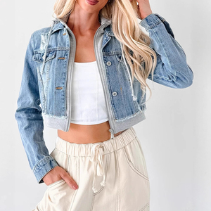 Canal dernier 2025 automne Vintage lavé fermeture éclair femmes Junior recadrée couches à <span class=keywords><strong>capuche</strong></span> Denim Jean <span class=keywords><strong>veste</strong></span> - Product Image 4