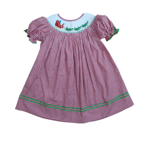Vestido Navideño a Cuadros Rojos para Niña, Bordado, con Mangas Abullonadas y Cuello de Muñeca, Estilo Mini en Línea A, Vestido de Bebé con Bordado a Mano - Product Image 1