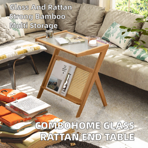 Table basse moderne en bambou avec plateau en métal et étagère de rangement, style scandinave, meubles de salon, structure en fer - Product Image 2