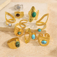 Bague Turquoise Géométrique Irrégulière en Pierre Naturelle Style Européen-Américain, Plaqué Or 18 carats, Acier Inoxydable Ouvert pour Femme