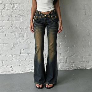 American High Street V Eyelet Waist Crop Asymmetrical Washed Jeans Hot Girl Distressed Straight Long Pants - Product Image 1