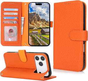 Compatible avec 17 Pro, étui de style portefeuille, porte-cartes, fonction support, cuir véritable, antichoc, grande capacité, <span class=keywords><strong>orange</strong></span> - Product Image 6