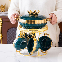 Service de table en porcelaine de luxe, bord doré, vert, rose, blanc, noir, vaisselle en céramique de luxe, ensemble de pot et de bol à soupe