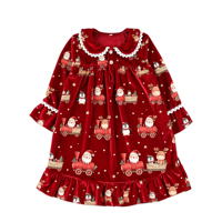 Robe de Noël en velours pour filles, col Peter Pan, respirante, douce, en peluche, avec dentelle et volants, robes personnalisées pour enfants, faible MOQ, fabrication OEM