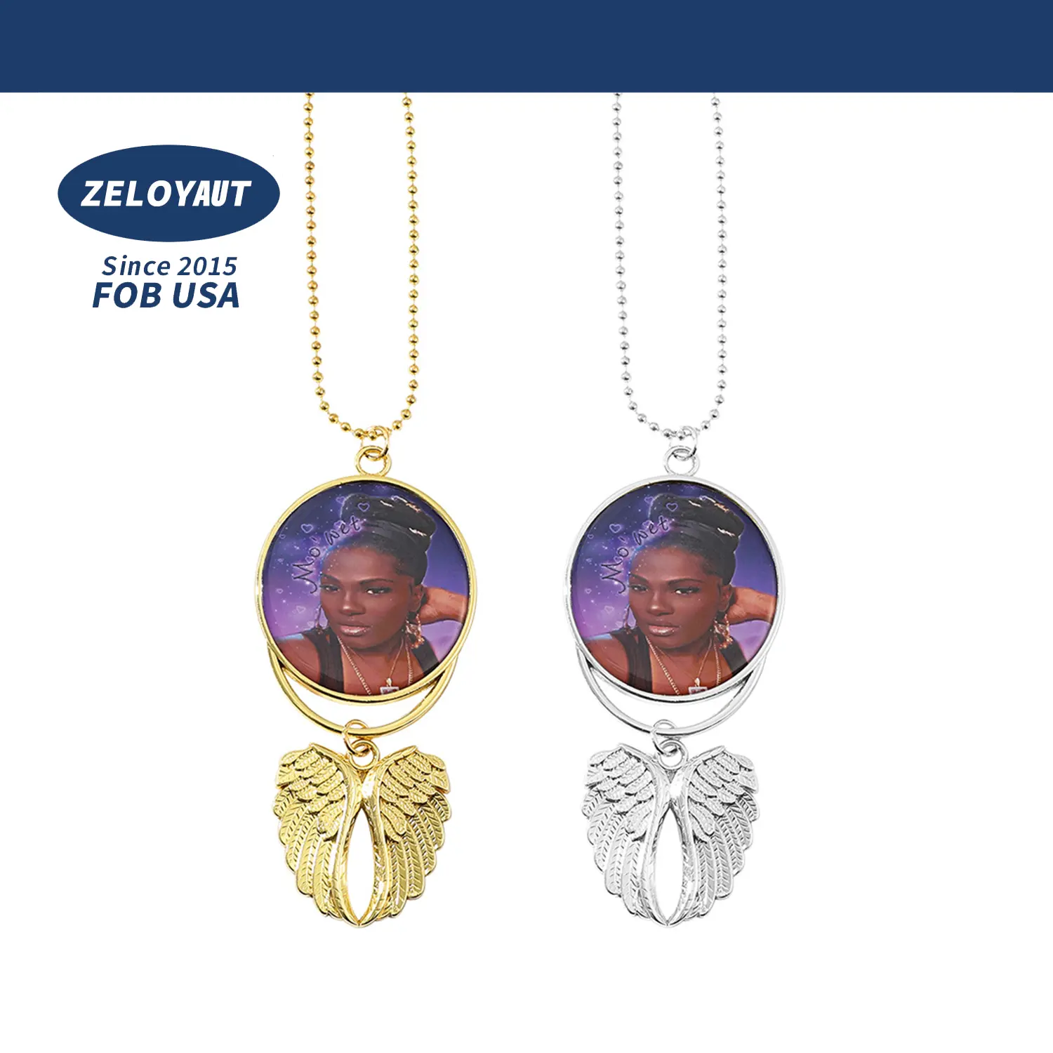 ZELOYAUT or et argent Sublimation Photo photo glacé bijoux personnalisés Sublimation blancs aile d'ange photo pendentif