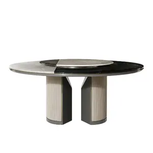 High-end saray Modern yeni tasarım deri bacak yemek masası Villa yuvarlak italyan mermeri döner masa üstü lüks yemek masası