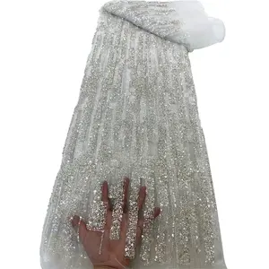 Renda de noiva de luxo, tecido de renda frisada branca pura de malha de cristal para vestuário