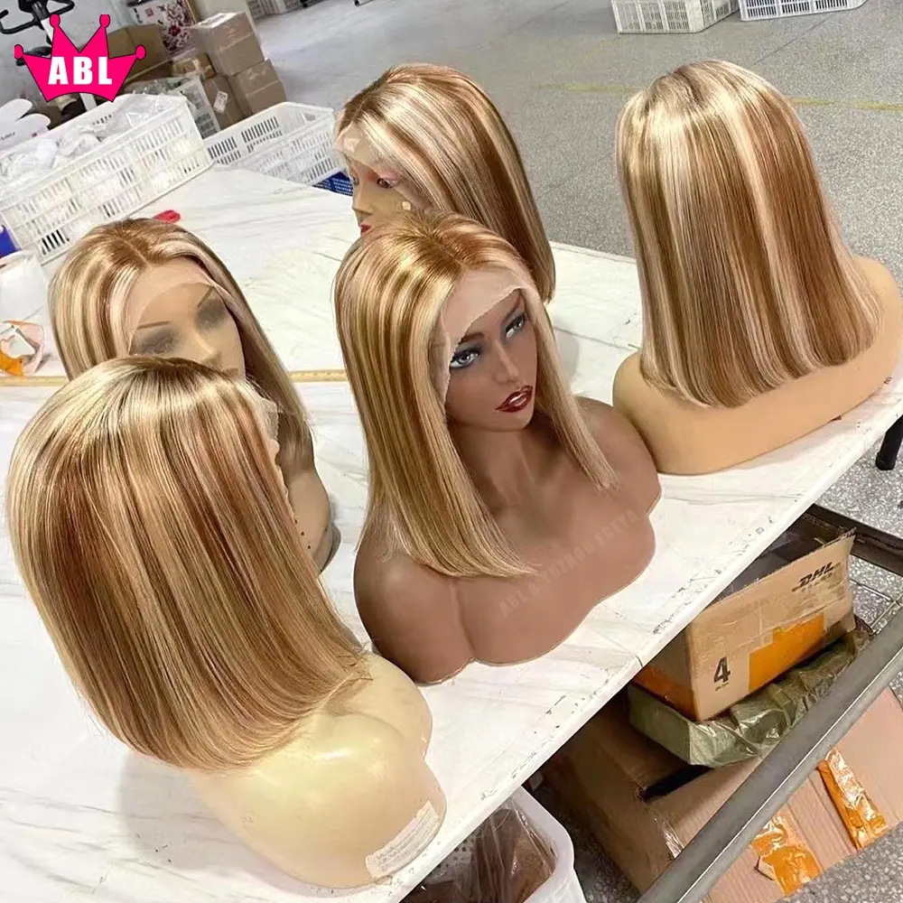Piano Highlight Colored Short Bob Pixie Cut Human Hair Wigs for Women Raw Virgin Peruvian Hair Transparent Lace Front Bob Wigs