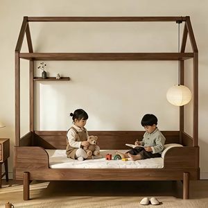 Cama infantil de madera maciza de estilo chino nuevo, personalizable, con estética estilo canción, <span class=keywords><strong>para</strong></span> dormitorio principal, con espacio de almacenamiento, con sistema de mortaja y tenón, color negro. - Product Image 5