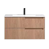 XINFUMEI Meuble-lavabo mural en chêne cannelé avec miroir LED, lavabo en surface solide et robinet noir mat – Vente chaude pour hôtels et grossistes
